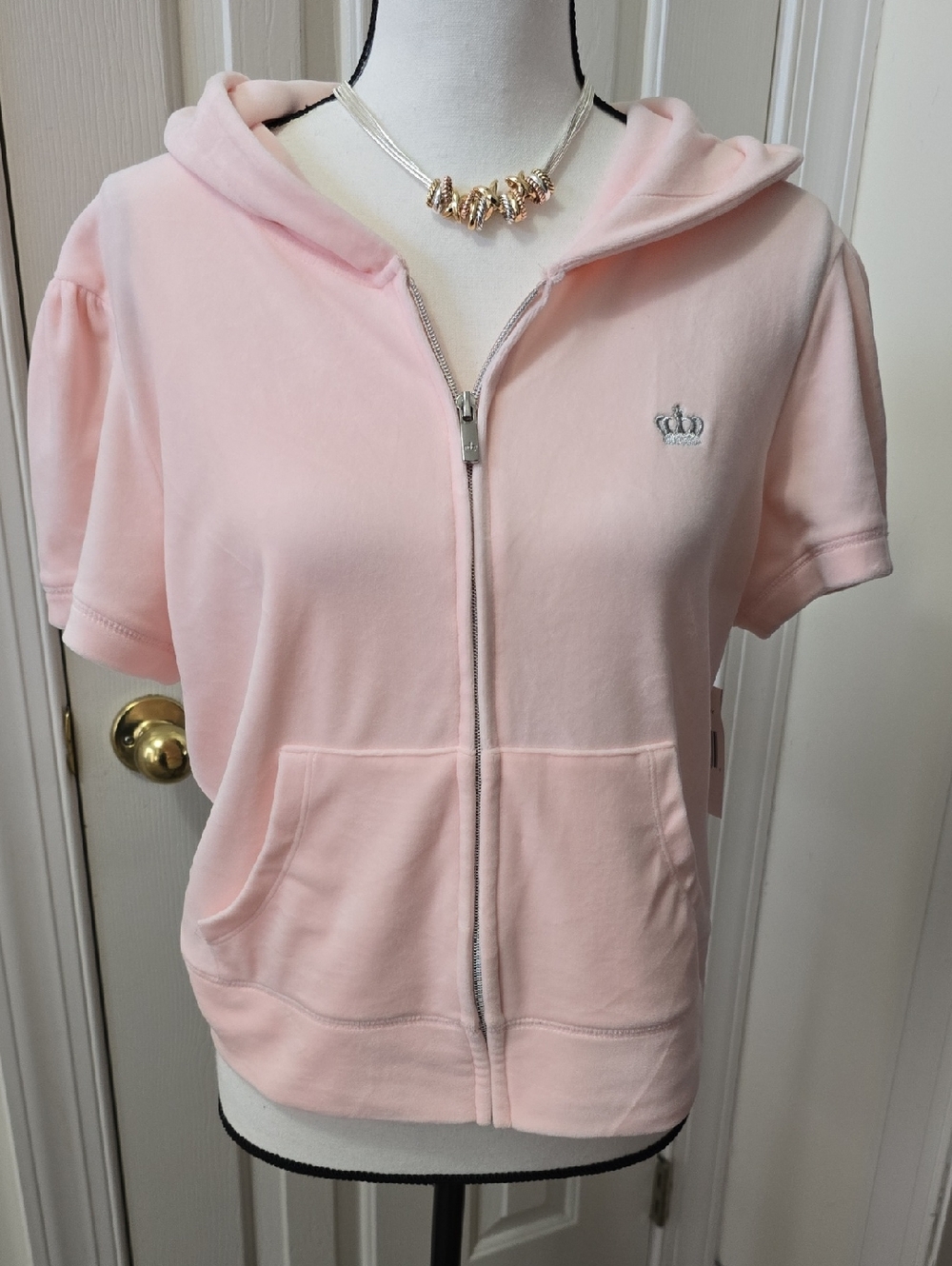 JUICY COUTURE BRAND WOMEN'S JUNIORS SHORT SLEEVES VELVETEEN HOODIE SIZE LARGE